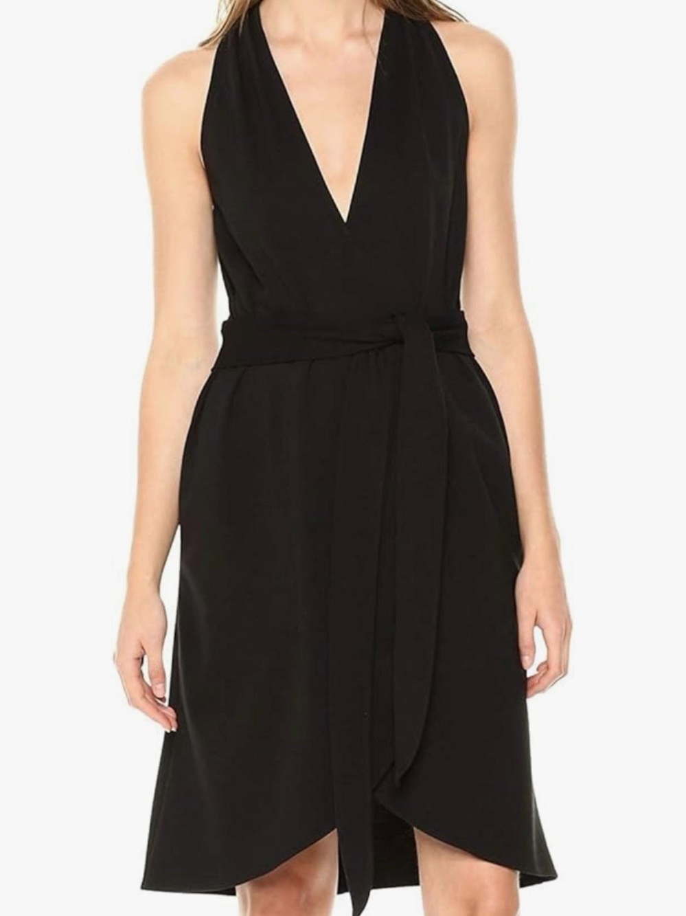 Halston Heritage Black Sleeveless V~Neck Faux Wrap Belted Knee Dress‎ Sz M~NWT